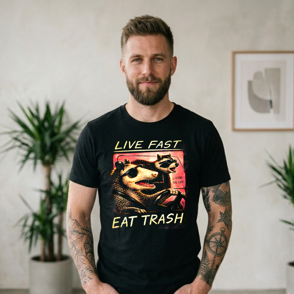 Camiseta Live Fast Eat Trash Estilo Rebelde Humor Algodão