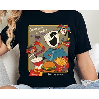 Camiseta Unissex The Amazing Digital Circus Pomni Jax Gangle Estampa Fast Food Hambúrguer Batata Frita Camiseta Preta Al
