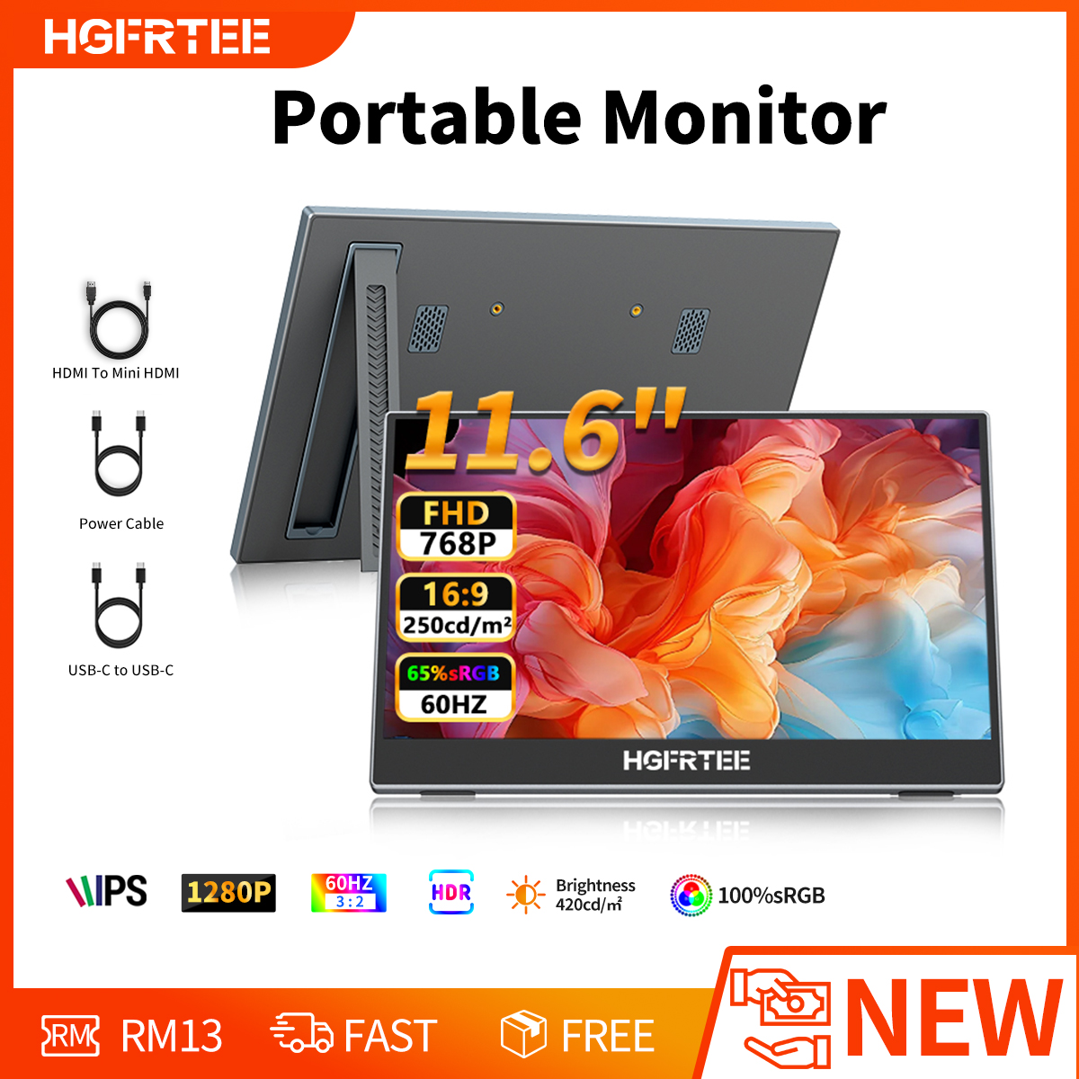 Monitor HDR IPS HGFRTEE 11,6 Polegadas HD 768P USB-C HDMI Tela Externa Secundária Universal para Notebook PC Gaming