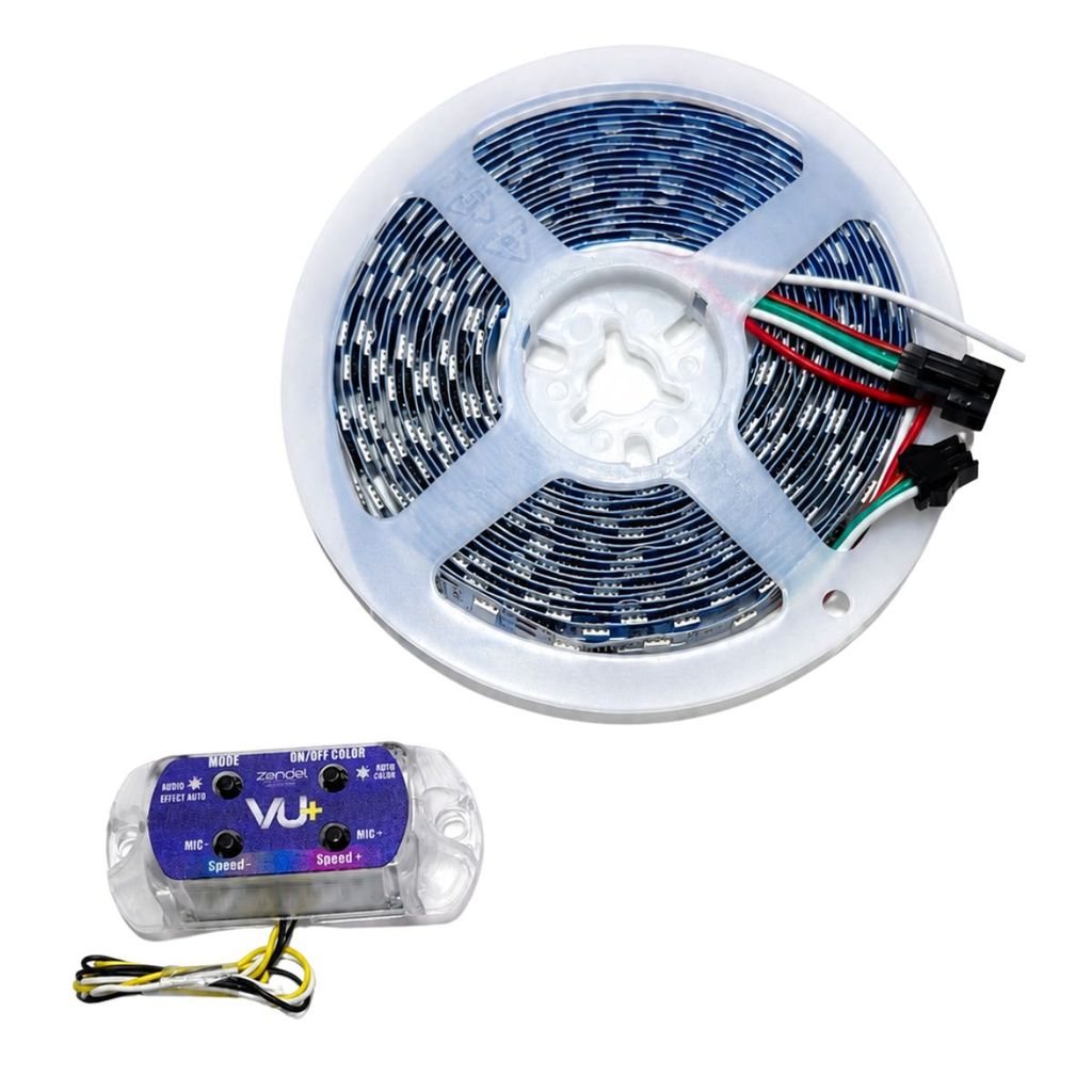 KIT CENTRAL VU RGB RÍTMICO ZENDEL 5M 300 LEDS 12V FUNDO BRANCO MUSICAL