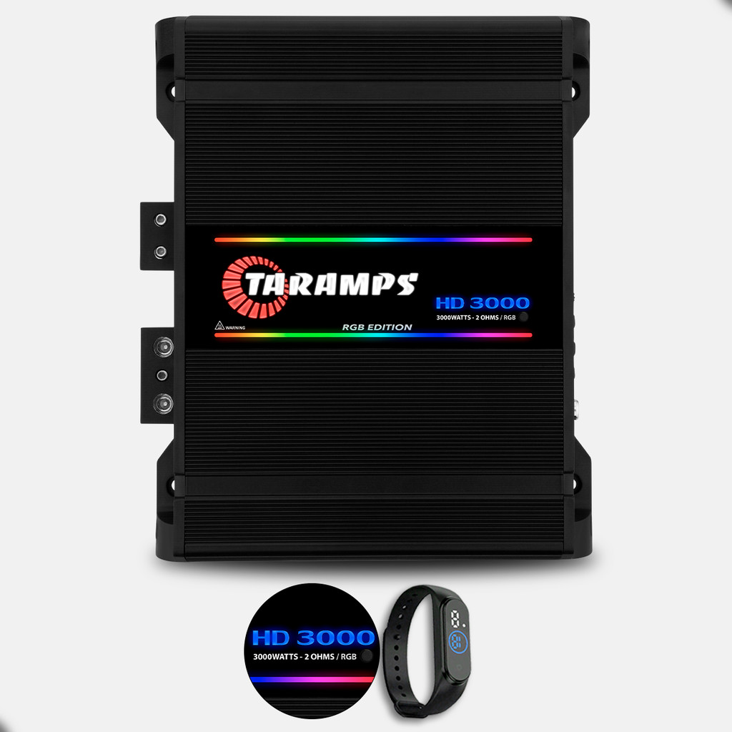 Amplificador Taramps HD 3000 RGB Edition - Preto Monocanal 2 Ohms 3000W RMS Som Forte Subwoofer Grave Grave Pancadão