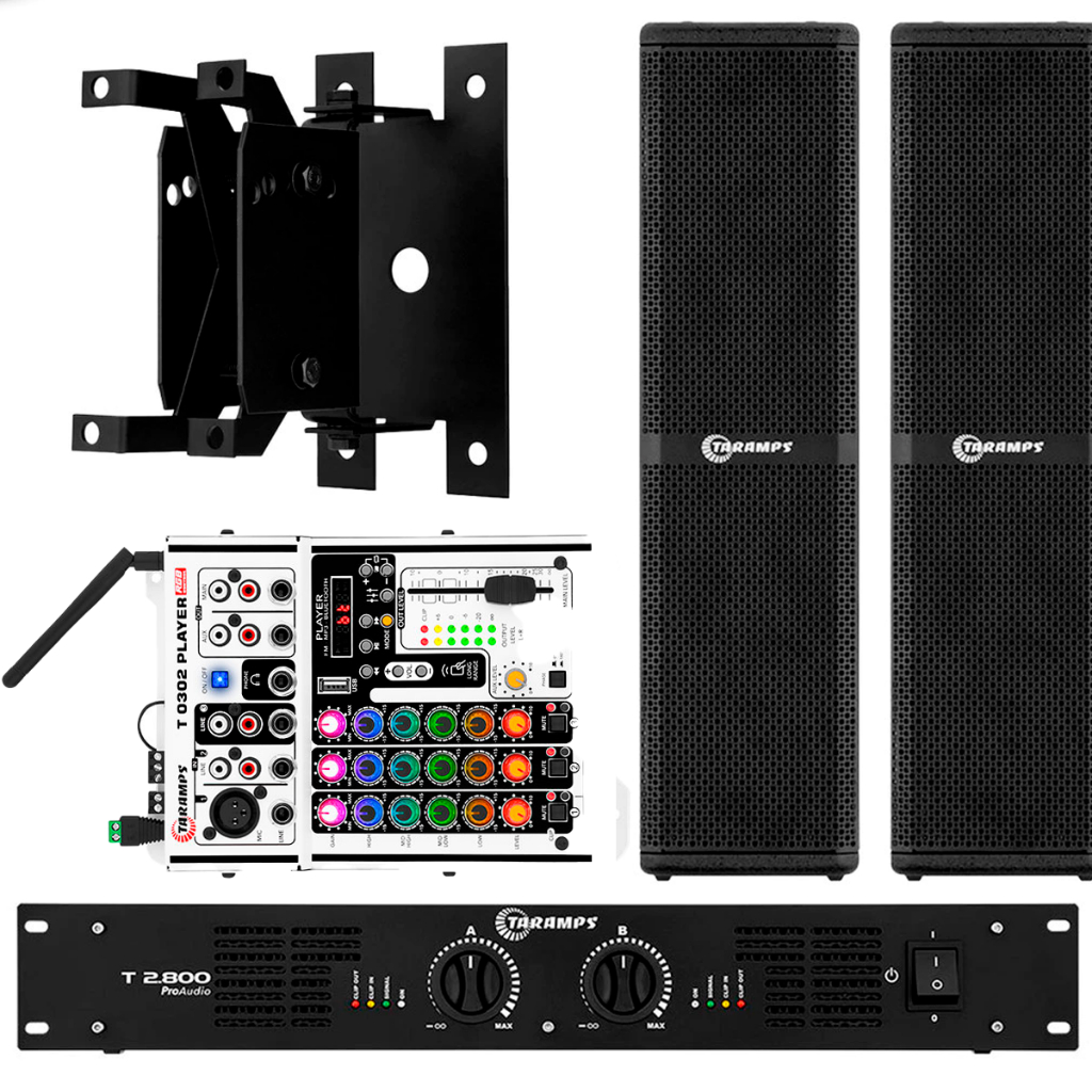 Kit Som 2 Caixa Acustica Com Suporte T400 8Ohms 1 Amplificador T2800 4 Ohms 1 Mesa de Som T0202 RGB