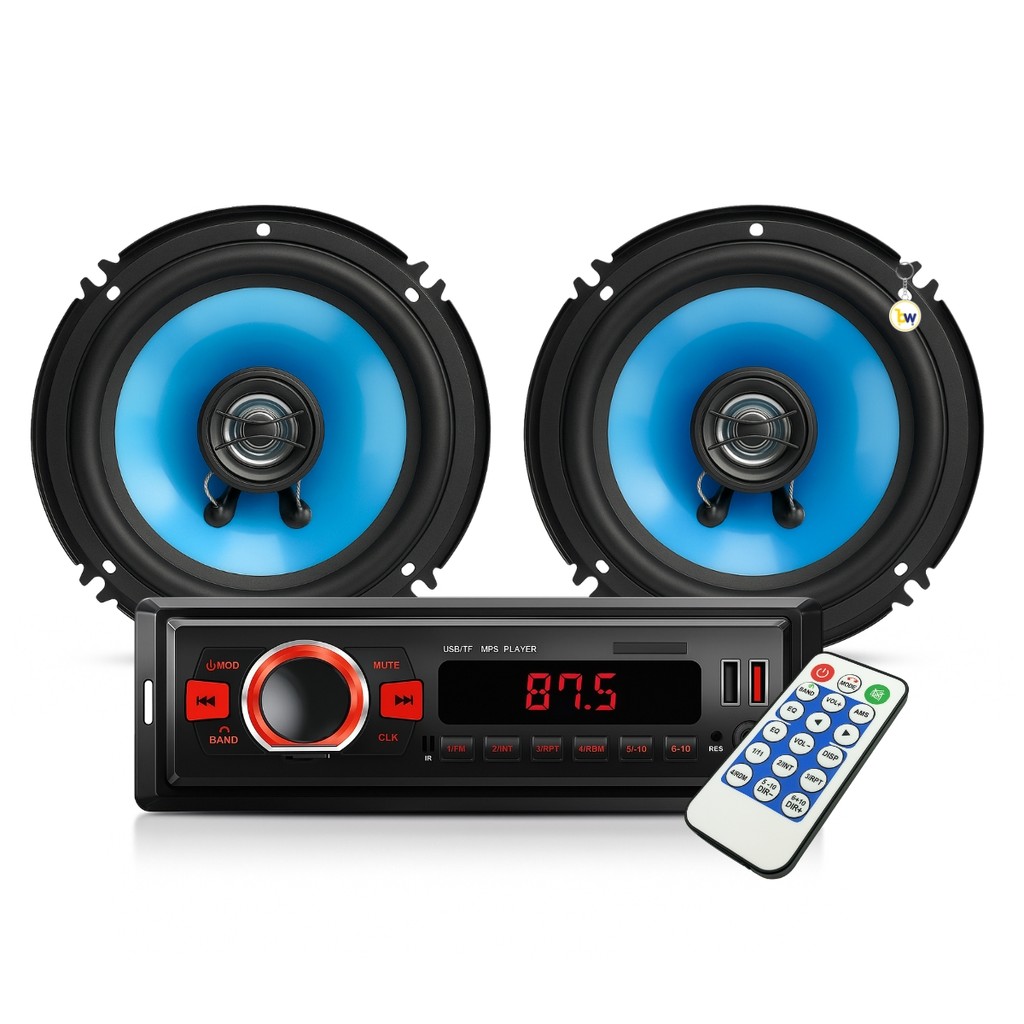 Kit Auto Rádio 1Din RGB + Par de Alto Falante Coaxial 6 Polegadas 100W RMS