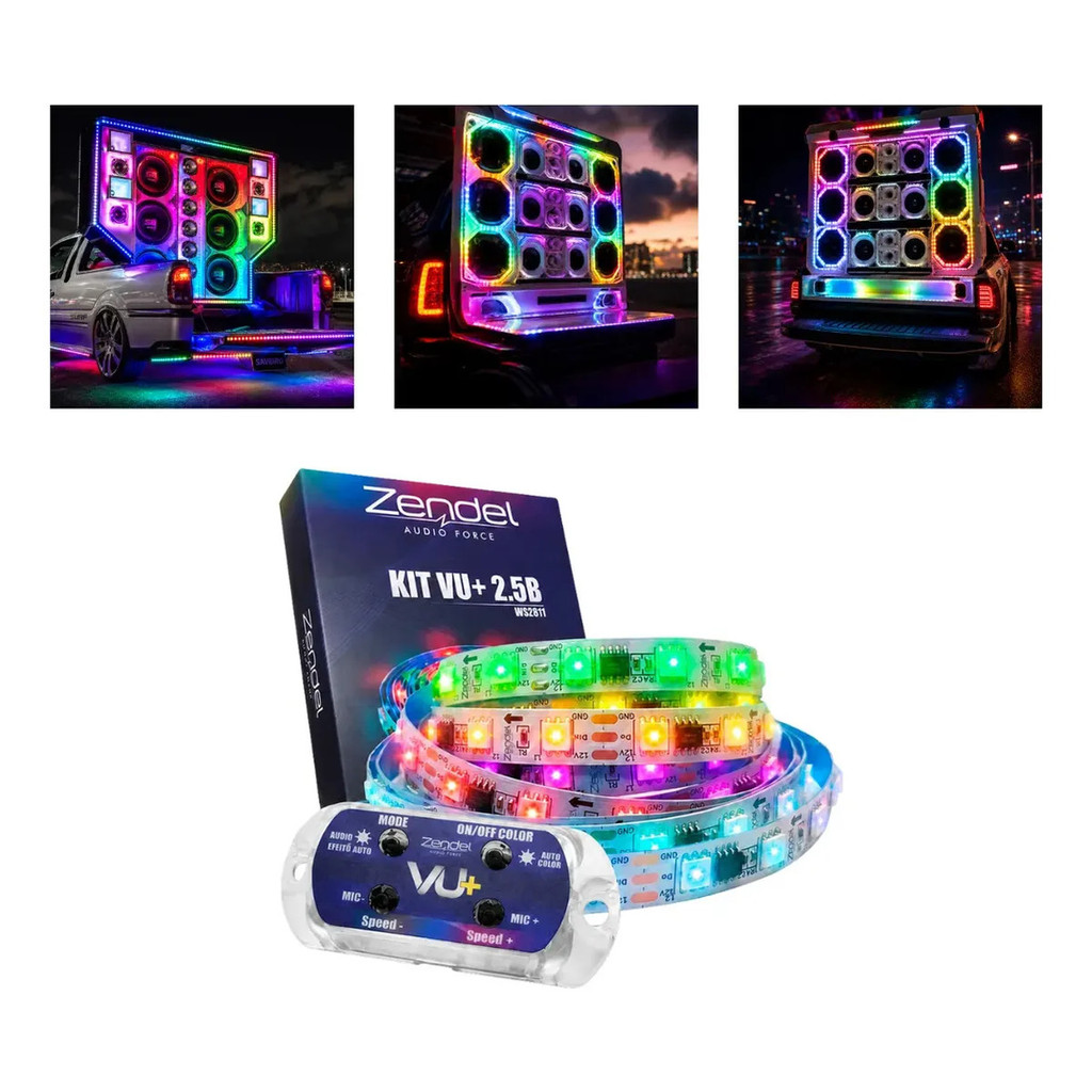 Kit VU+ 2.5B Zendel Fita LED Digital WS2811 2,5 Metros RGB Reage à Música Som Automotivo Premium