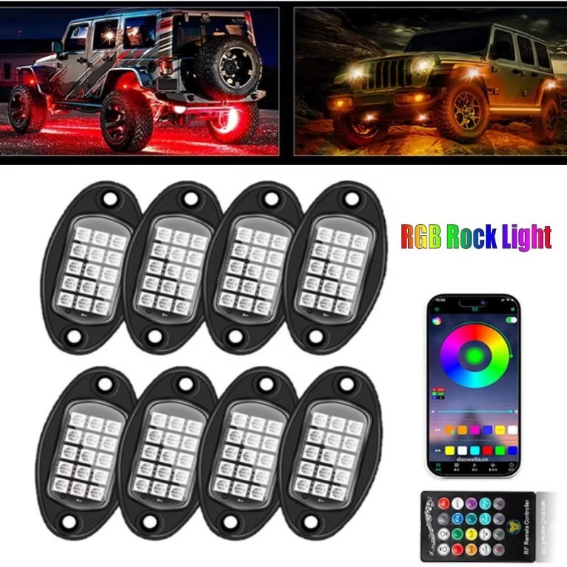 10 Cápsulas RGB LED Rock Light Mobile APP + RF Controle Remoto Sem Fio 15 LEDs Música Neon Car Underglow Chassis Para Ca
