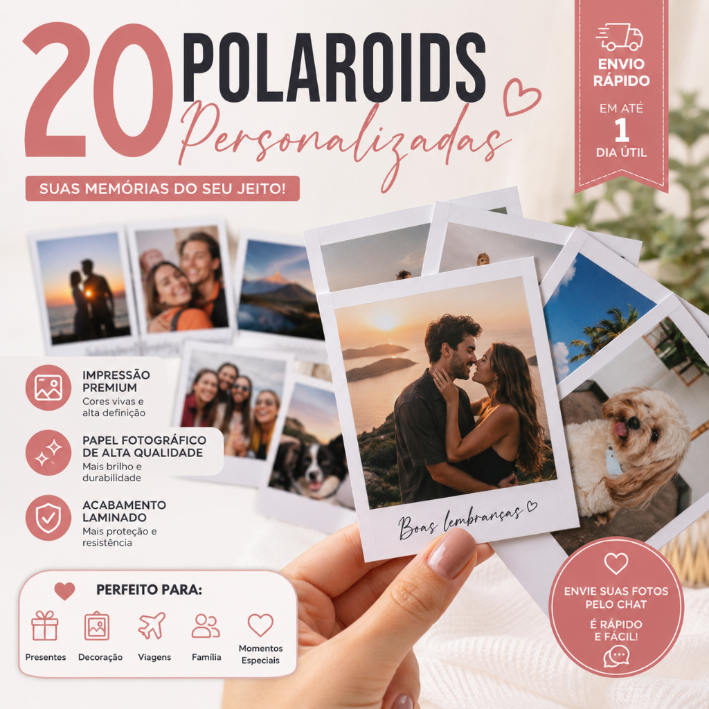 20 Polaroids Personalizadas 5x7 | Revelação de Fotos | Papel Fotográfico Premium + 4 de BRINDE