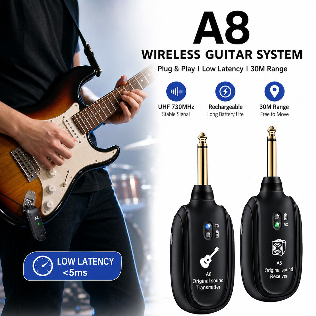 A8 Wireless Guitar System Transmitter Receiver UHF Audio Pickup Compatible Bass Violin Keyboard Electric Instrument