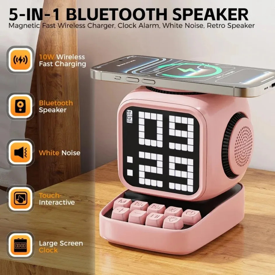 Portátil Retro Pixel Arte Alto-Falante Bluetooth 15W Carregamento Sem Fio Despertador Placa De Exibição LED Bonito Decor