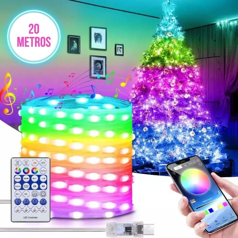 Cordão de LED RGB Decoração Controle Aplicativo Bluetooth Natal Festa – 20m - 10m - 5m