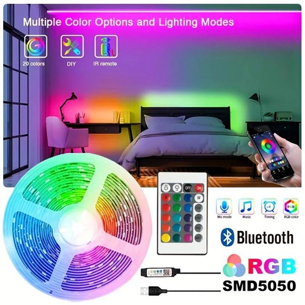 RGB LED Strip Light USB Bluetooth IR Remoto 20 Cores Sincronização De Música Timing Quarto TV Backlight Decor