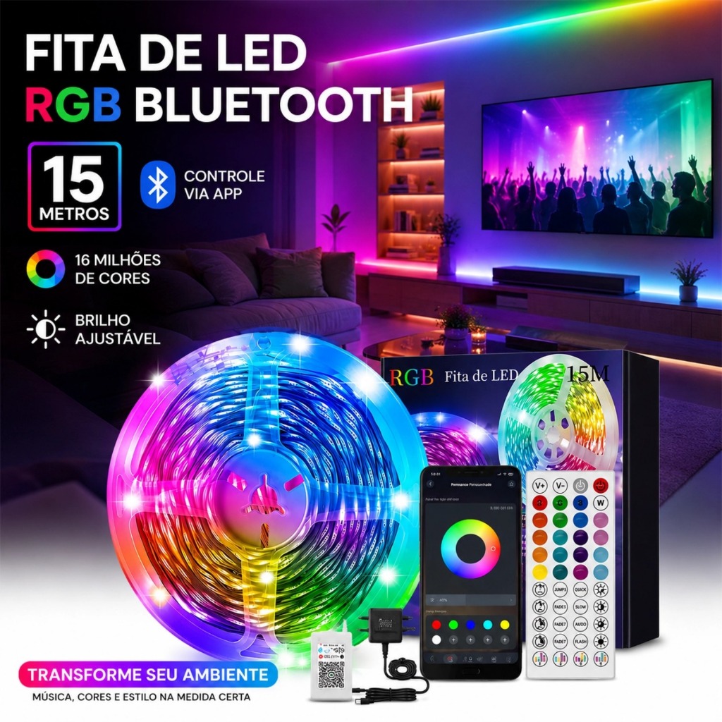 15m/20m/30m Fita Led Bluetooth Rgb Colorida Decoração Com Controle 110v-220v