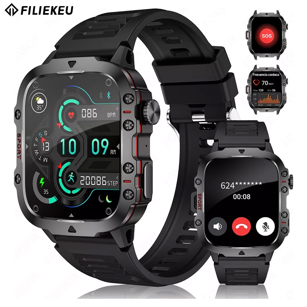 FILIEKEU Rugged Smartwatch Bluetooth Call 3ATM Waterproof Heart Rate Relógio Inteligente Esportivo Ao Ar Livre Para Homens