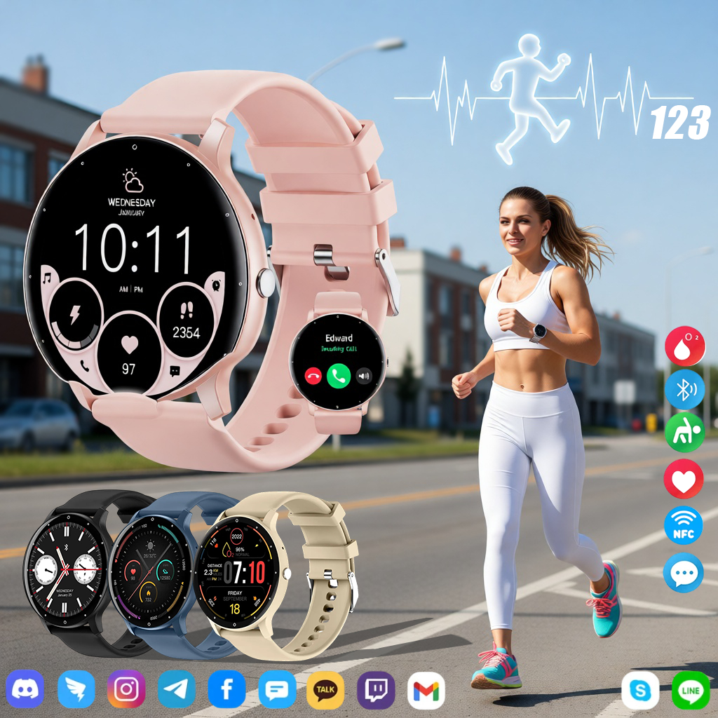 Smartwatch Relógio Redondo Tela De Toque Completa Modos esportivos Freqüência Feminino e Masculino (IP67 Prova De Água）