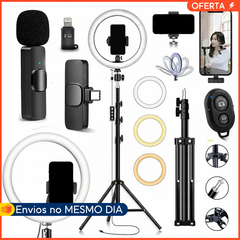 Kit Tiktok Ring Light Grande Microfone Lapela Sem Fio Tripé 2.10m Controle Bluetooth Selfie