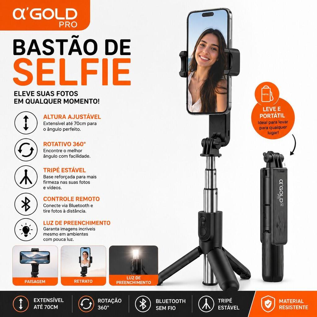 Tripé Celular 3 em 1 com Ring Light Pau de Selfie Controle Bluetooth SLF-09 para Fotos e Vídeos