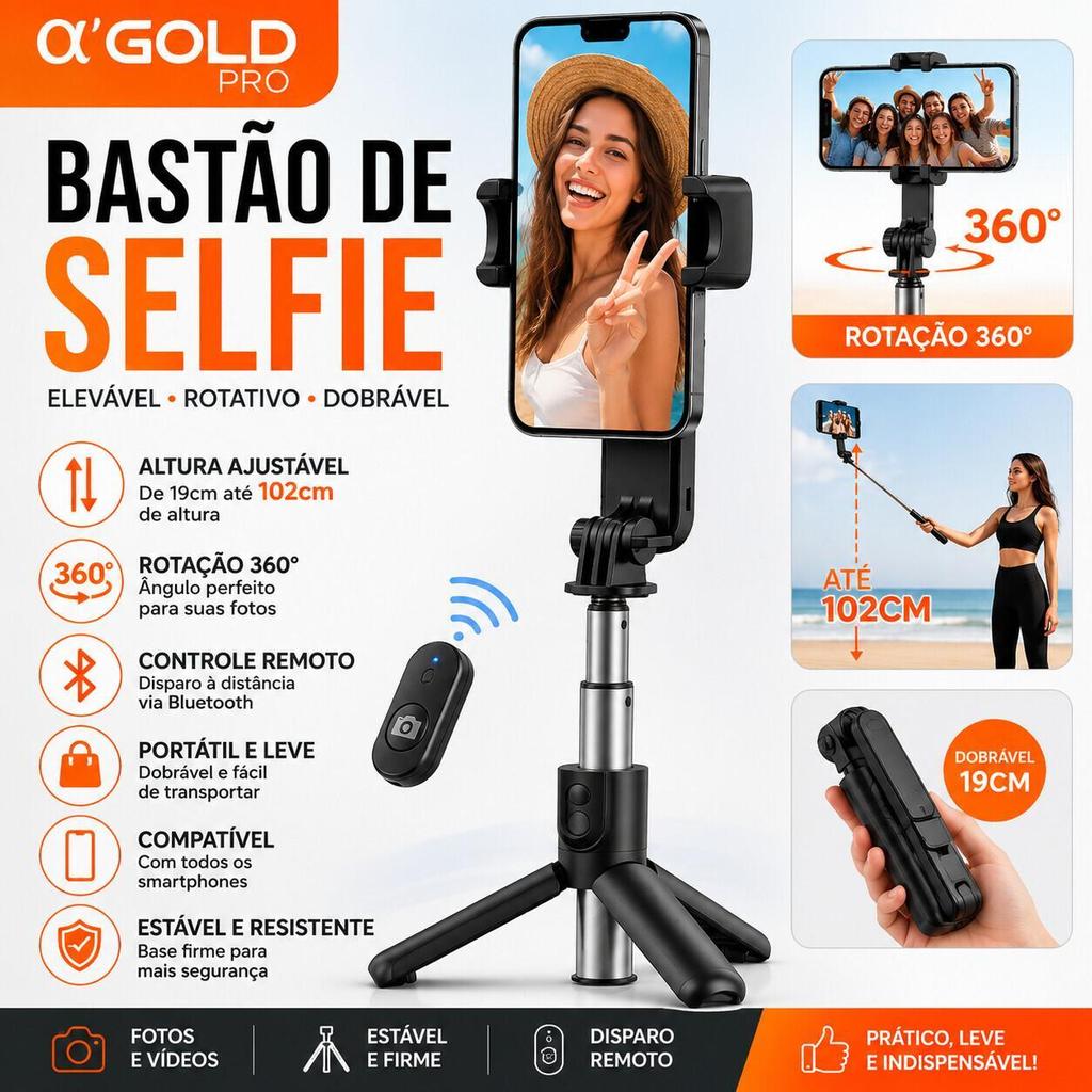 Tripé Pau Selfie 3 em 1 SLF-09 com Ring Light Controle Bluetooth para Celular e Gravação de Vídeos