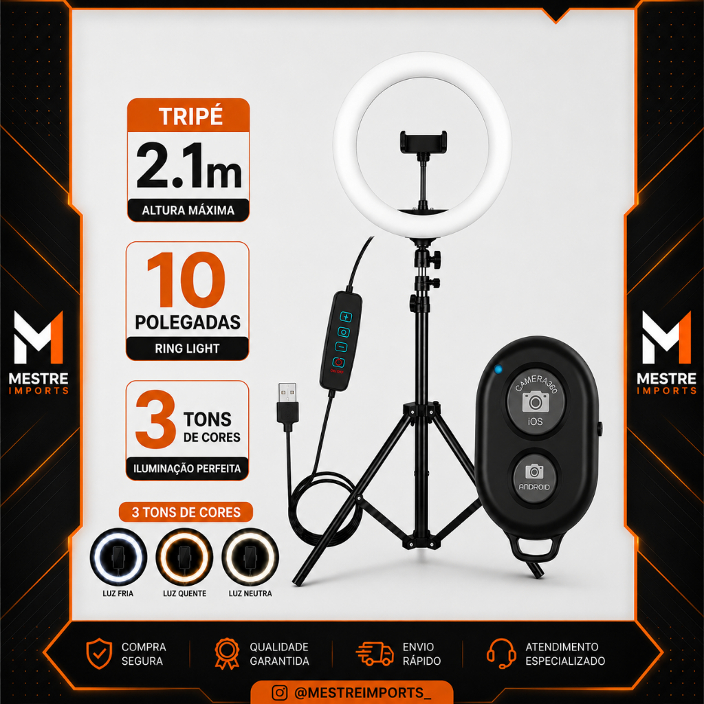 Ring Light Iluminador Anel Luz 26cm 10 Polegadas Tripé 2,1m + Controle bluetooth