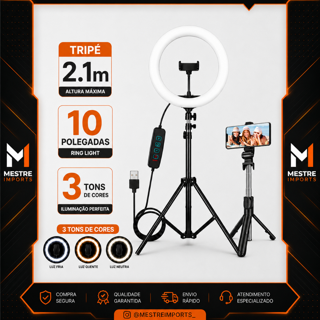 Ring Light Iluminador Anel Luz 26cm 10 Polegadas Tripé 2,1m + Bastão selfie bluetooth