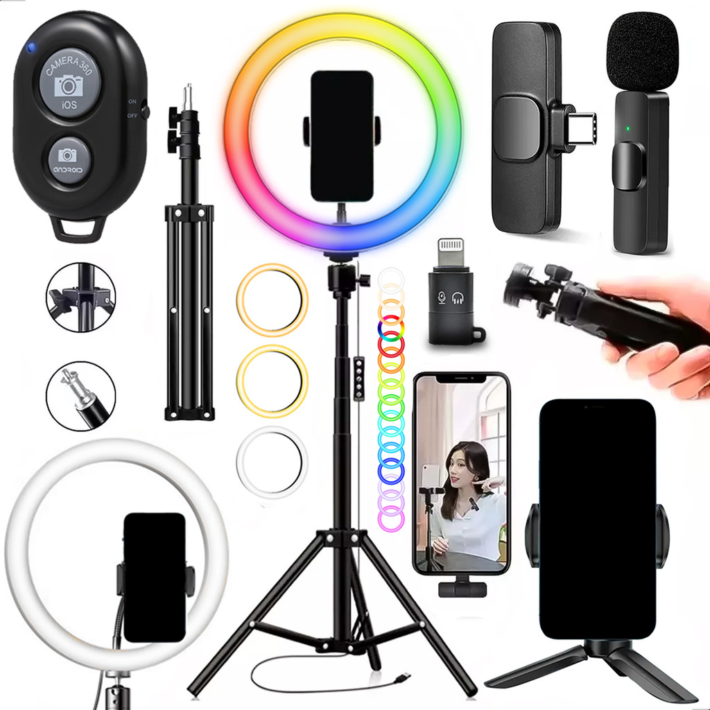 Kit Completo Ring Light 26cm RGB + Tripé + Microfone Bluetooth
