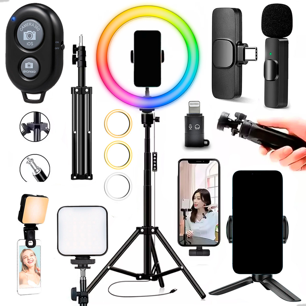Kit Completo Ring Light 26cm + Tripé + Microfone Bluetooth