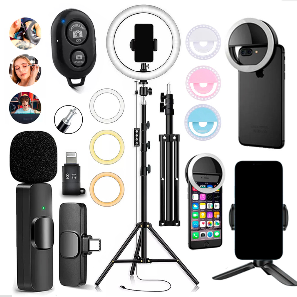 Kit High Light 26cm Iluminador LED Tripé Grande 2.10m Gravação Microfone Lapela Bluetooth Mini Ring