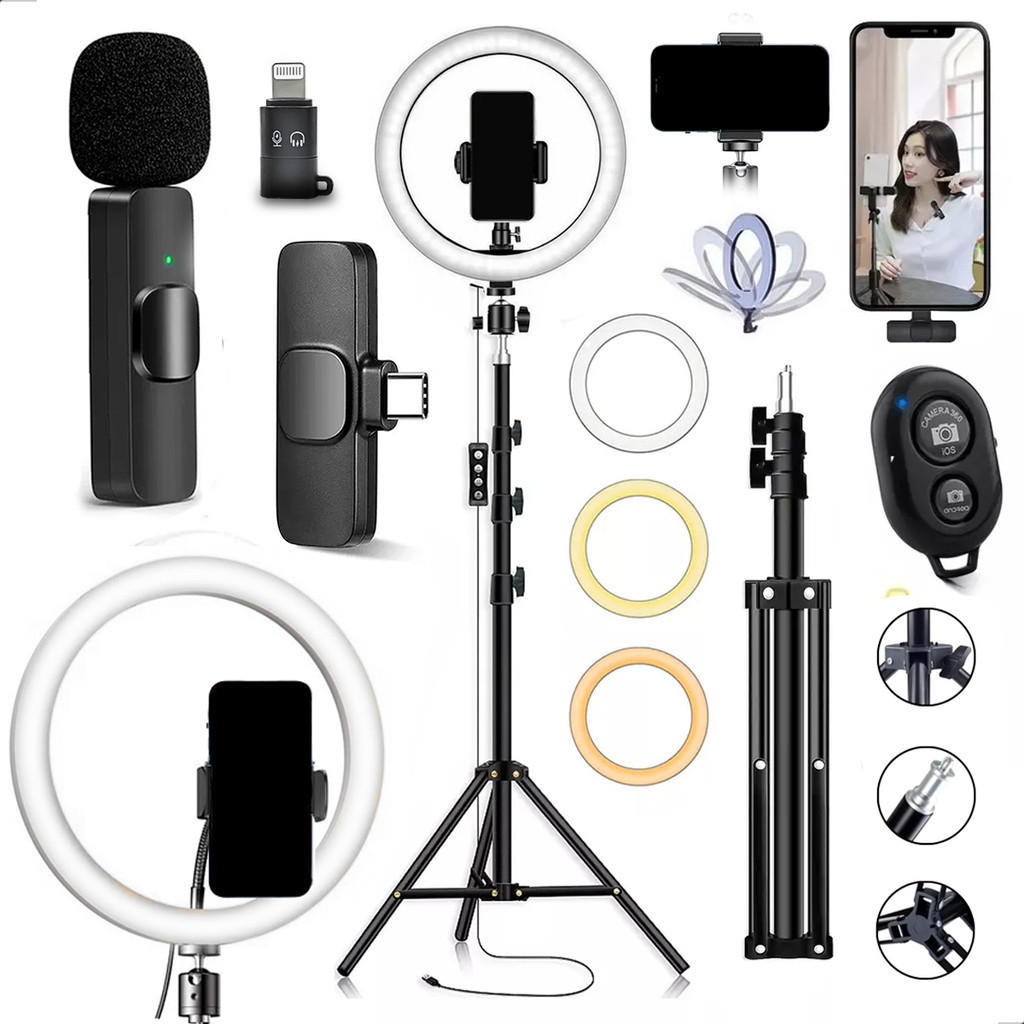 Kit Tiktok Ring Light 26cm Tripé Lapela Bluetooth