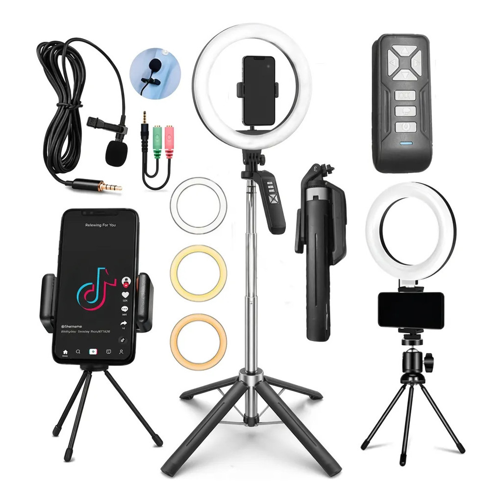 Kit Iluminação Ring Light 180cm Bluetooth E Microfone Lapela