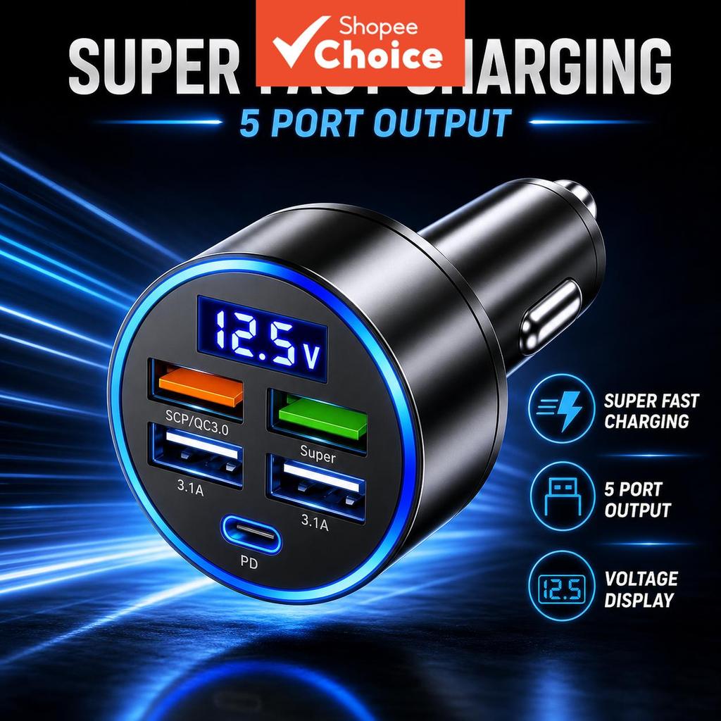 C5-4Usb ‐ Qc3.0 Pd Type C Car Charger Com Digital Volt Display 3.1A Multi-Port Vehicle Power Adaptador Para Smart Phone