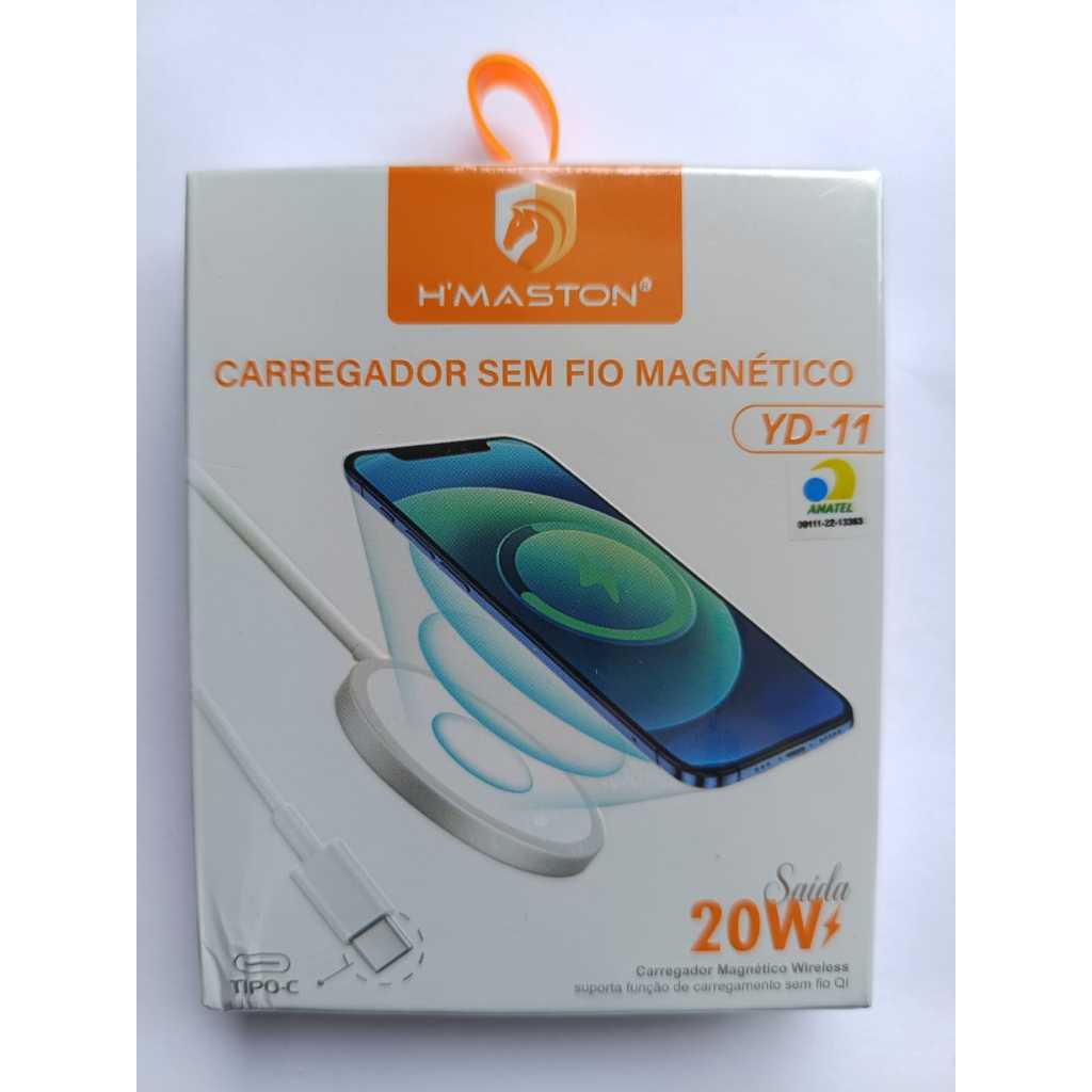 Carregador Sem Fio Magnético H'Maston YD-11 20W Turbo Carga Rápida Wireless Tipo-C Padrão Qi ANATEL Homologado iPhone An