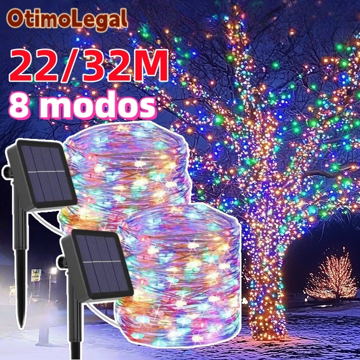 22/32m Corda de Luzes Solares À Prova de Água com 8 Modos para Decoração de Varanda e Festas