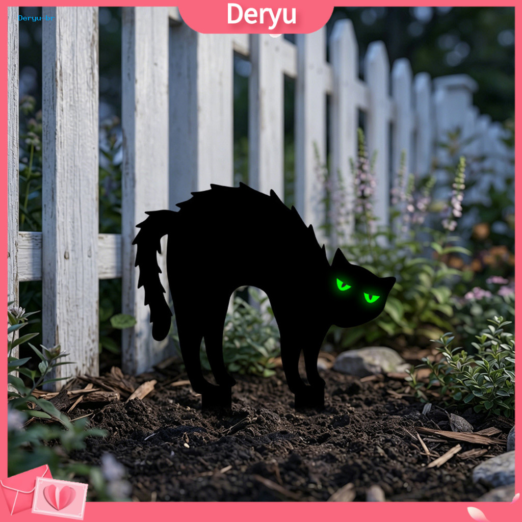 Halloween Garden Stakes Black Cat Lawn Decor Stake Yard Sign with Glow-in-the-dark Eyes Waterproof Spooky Ghost Silhouet