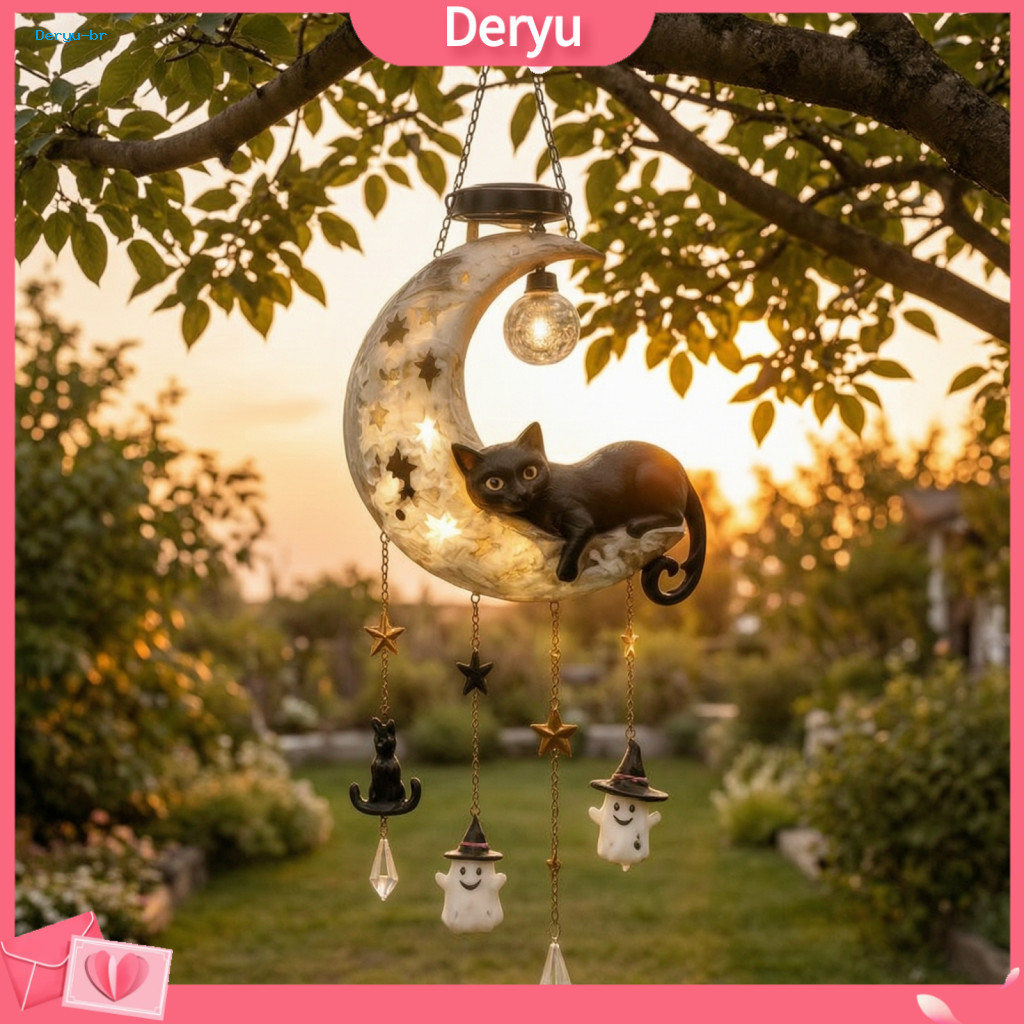 Vintage Resin Garden Decor Solar Moon Black Cat Lamp Wind Chime Light Powered Waterproof Outdoor Hanging Patio Yard for