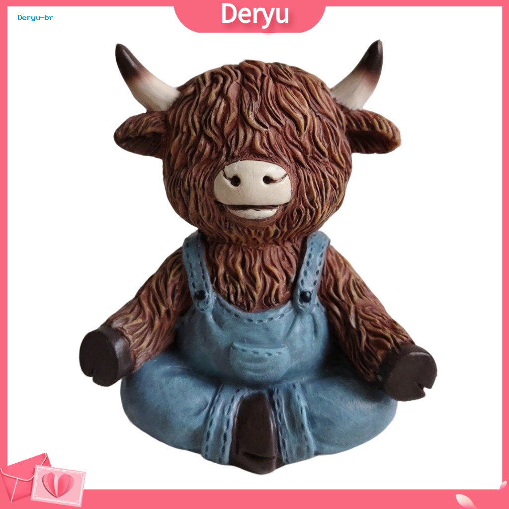 Distressed Denim Style Decor Highland Cow Statues Yoga Resin Figurine Farmhouse Overalls Statue Waterproof Garden Orname