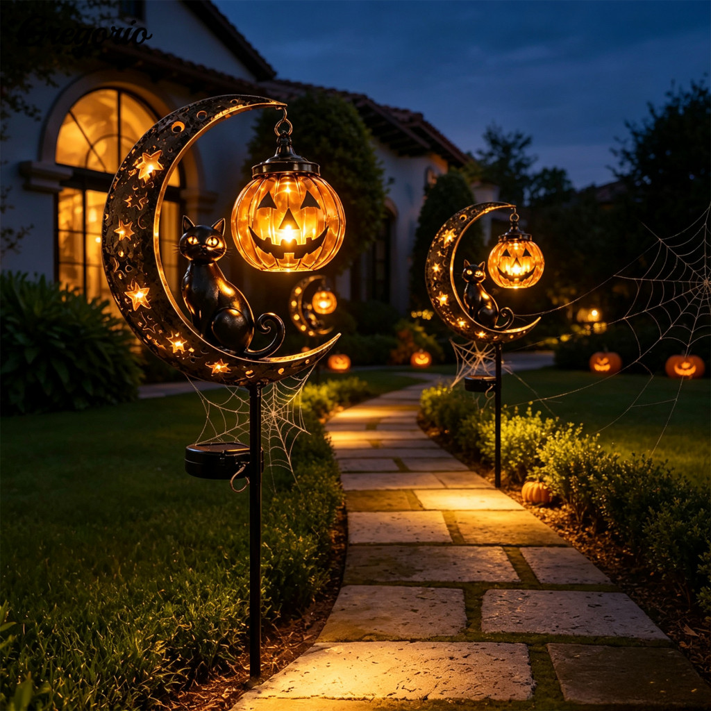 Solar Halloween Lights Outdoor Decor Garden Stake Light Warm Jack-o-lantern Moon Cat Silhouette Waterproof Lawn Patio Ya