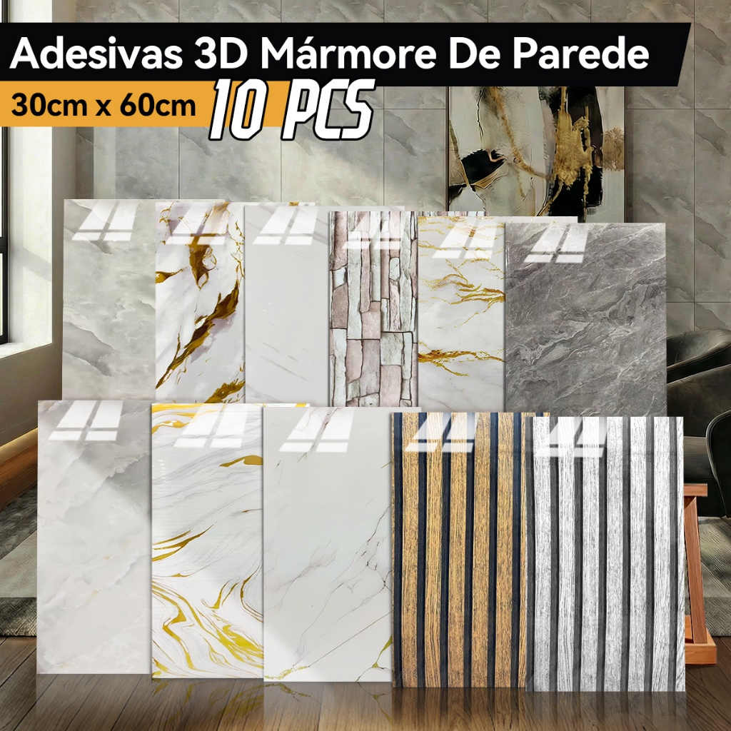 Kit 10 Placas Adesivas 3D Mármore De Parede Relevo Waterproof 30cm X 60cm Decoração