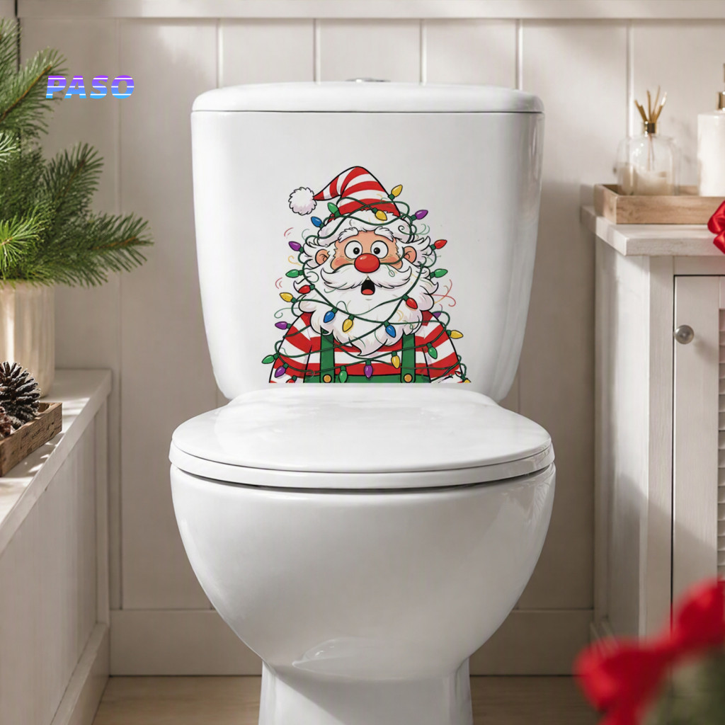 Funny Bathroom Toilet Decor Waterproof Christmas Stickers – Santa Claus Self-adhesive Lid Water Tank Decals Cute Holid