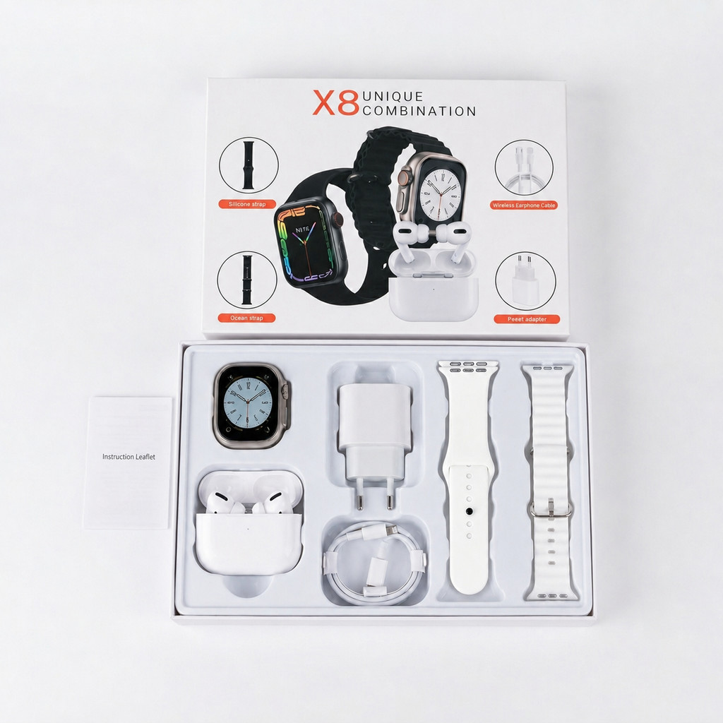 X8 Smartwatch com Chamadas Bluetooth, Calculadora e PD20W Fast Charge – Acompanha Fones TWS – Tudo em Um
