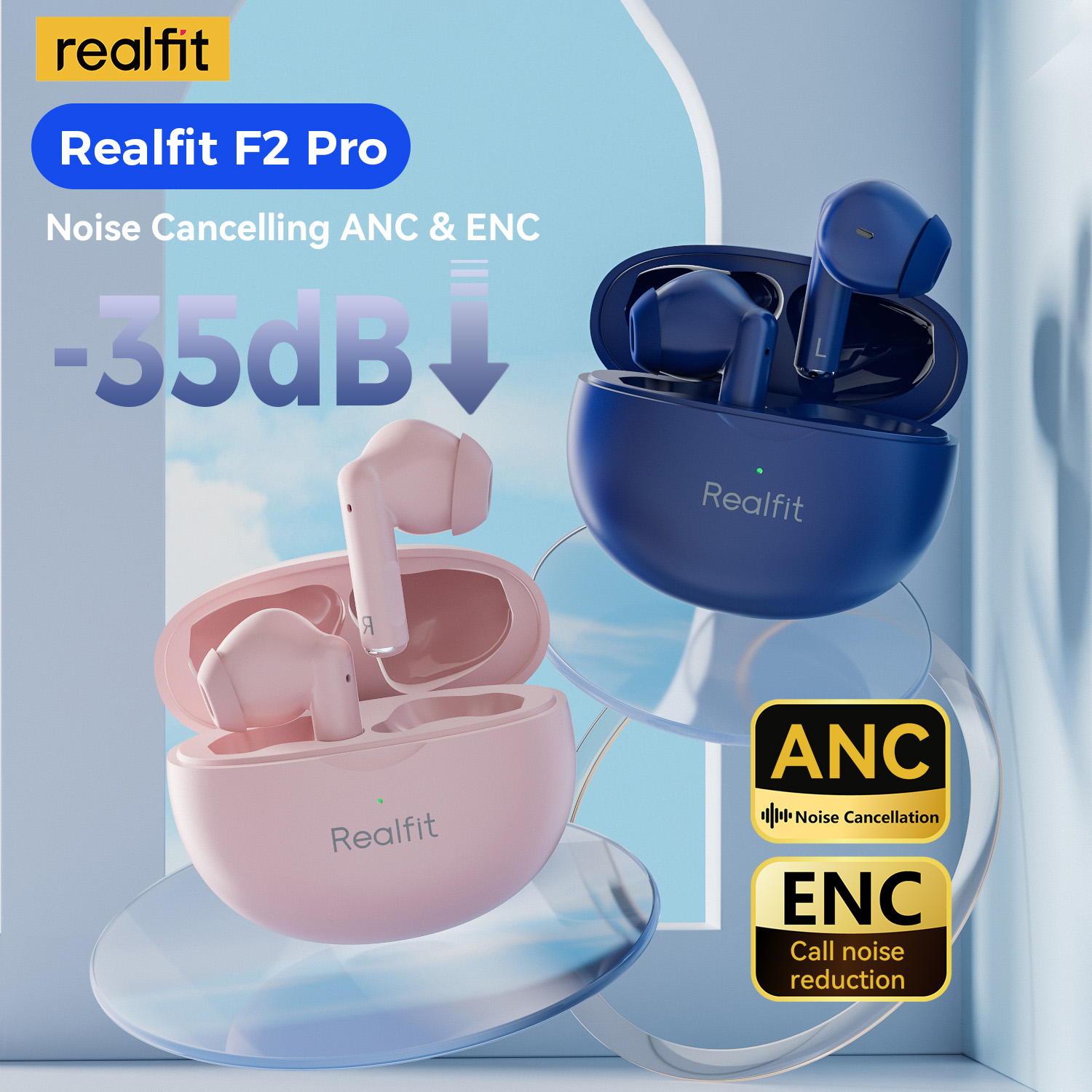 Realfit F2 Pro Fones De Ouvido TWS Sem Fio Bluetooth ANC Alta Fidelidade Estéreo ENC 4-Mic Para Jogos