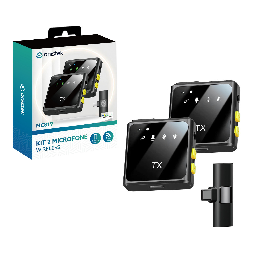Kit 2 Microfones Sem Fio Lapela Profissional Bluetooth  USB-C 25m 11h Preto para Celular e Câmera