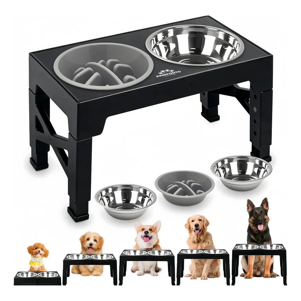 Adjustable Elevated Dog Feeder 5 Heights, Foldable with 2 Stainless Steel Bowls + Slow Feeder