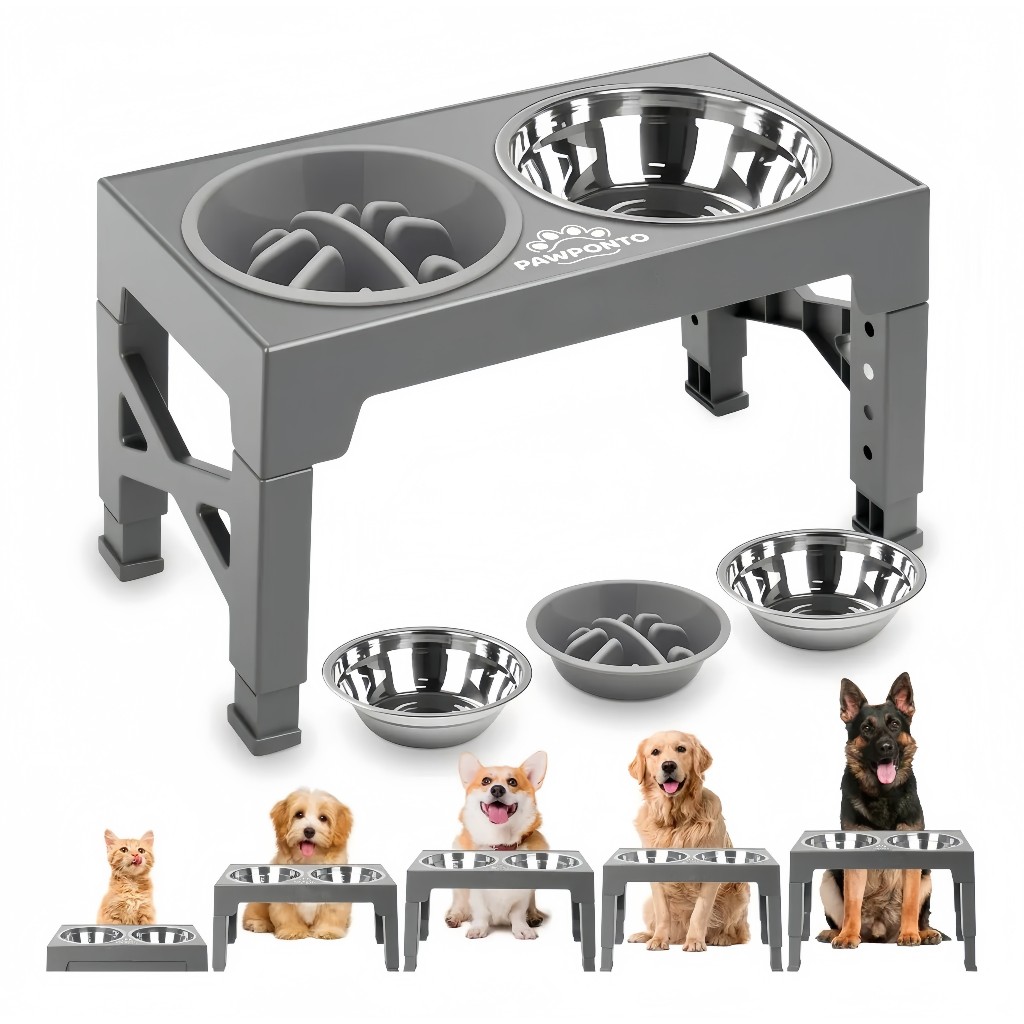Adjustable Elevated Dog Feeder 5 Heights, Foldable with 2 Stainless Steel Bowls + Slow Feeder