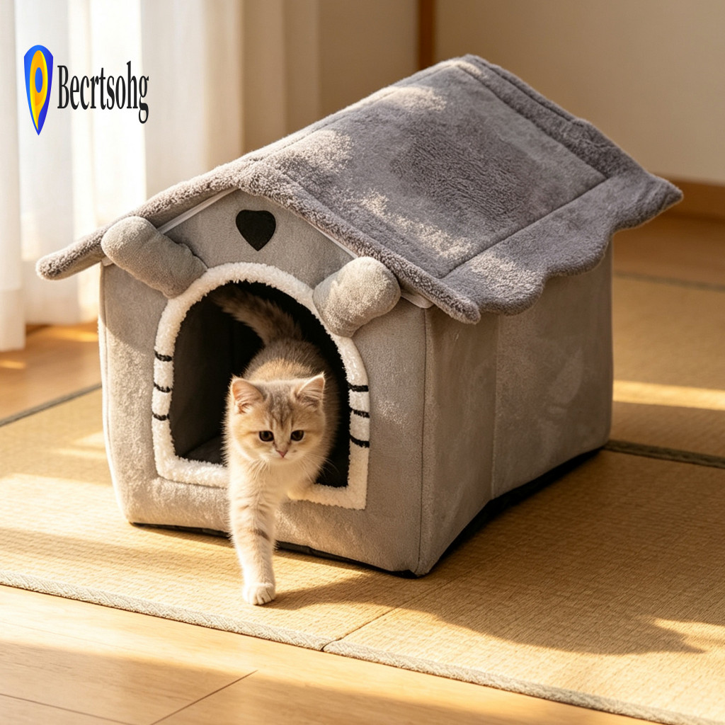 Indoor Cat House Plush Cave Foldable Cozy Pet for Small Dogs Cats – Warm Enclosed Bed with Washable Cushion Portable S
