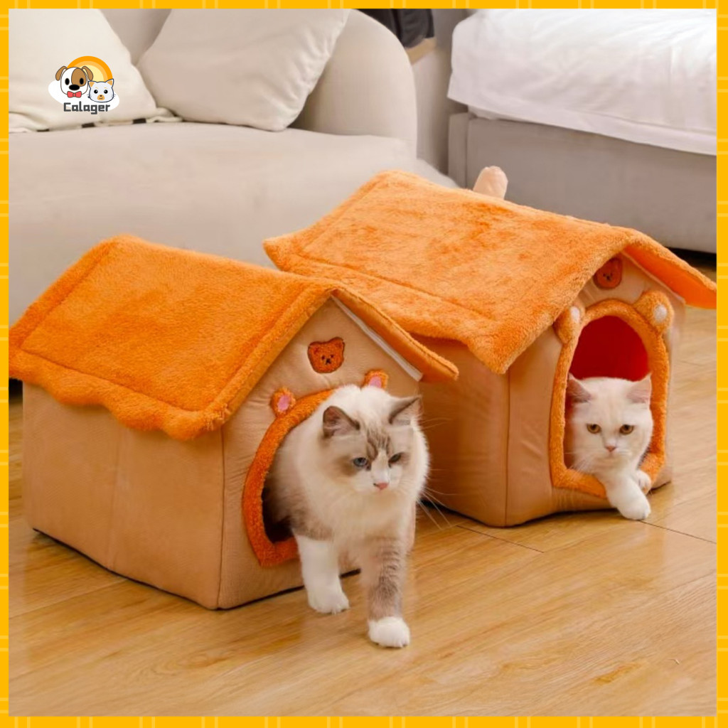 Portable Pet Shelter Indoor Cat House Foldable Cozy for Small Dogs Cats – Plush Warm Enclosed Bed with Washable Cushio