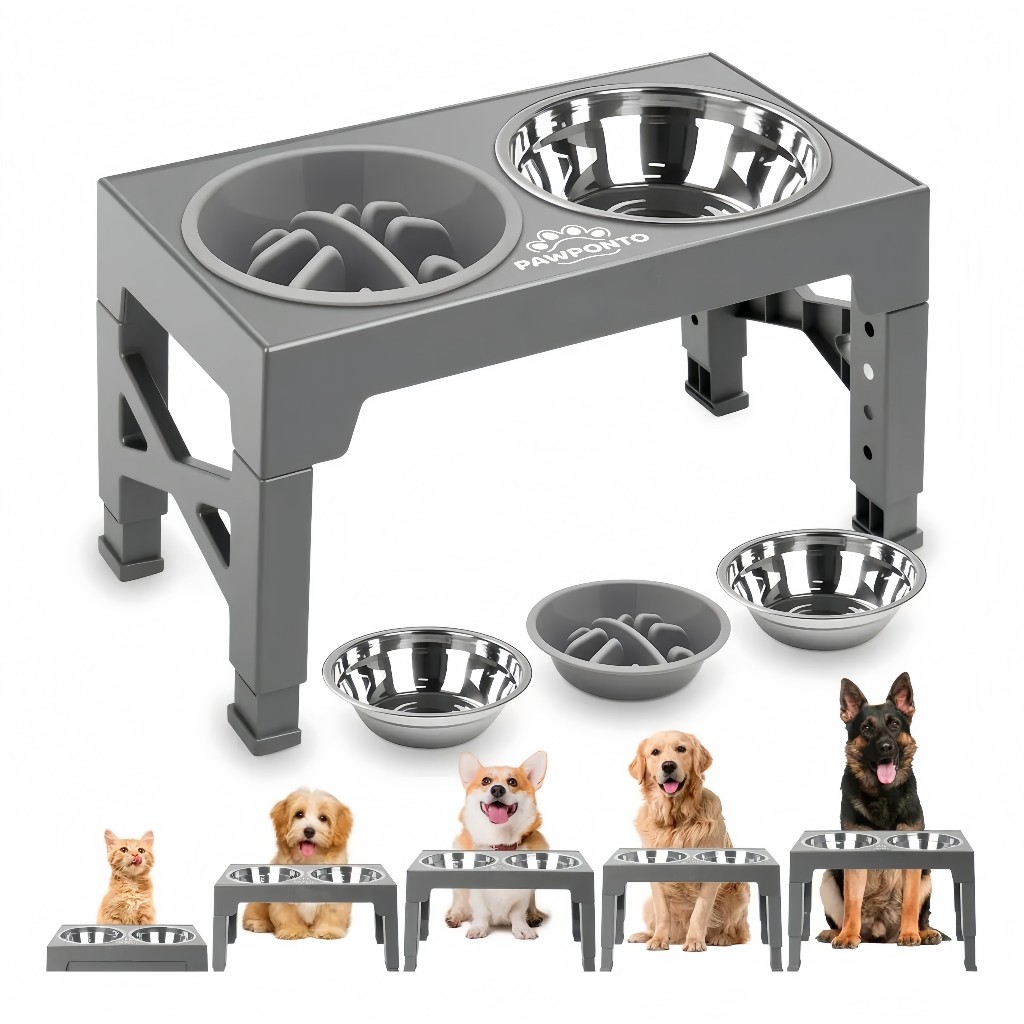 Adjustable Elevated Dog Feeder 5 Heights, Foldable with 2 Stainless Steel Bowls + Slow Feeder