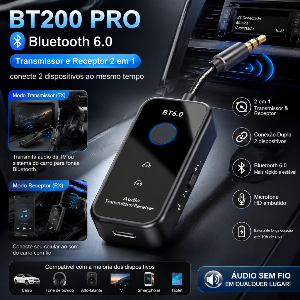 2 In 1 Bluetooth 6.0 TX RX Adapter 3.5mm AUX For Car Stereo TV Computer Headphones Easy Plug And Play No Driver Needed