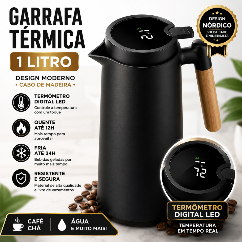 Garrafa Térmica 1L Termômetro Digital LED Café Chá Jarro Nórdico Cabo Madeira Preto