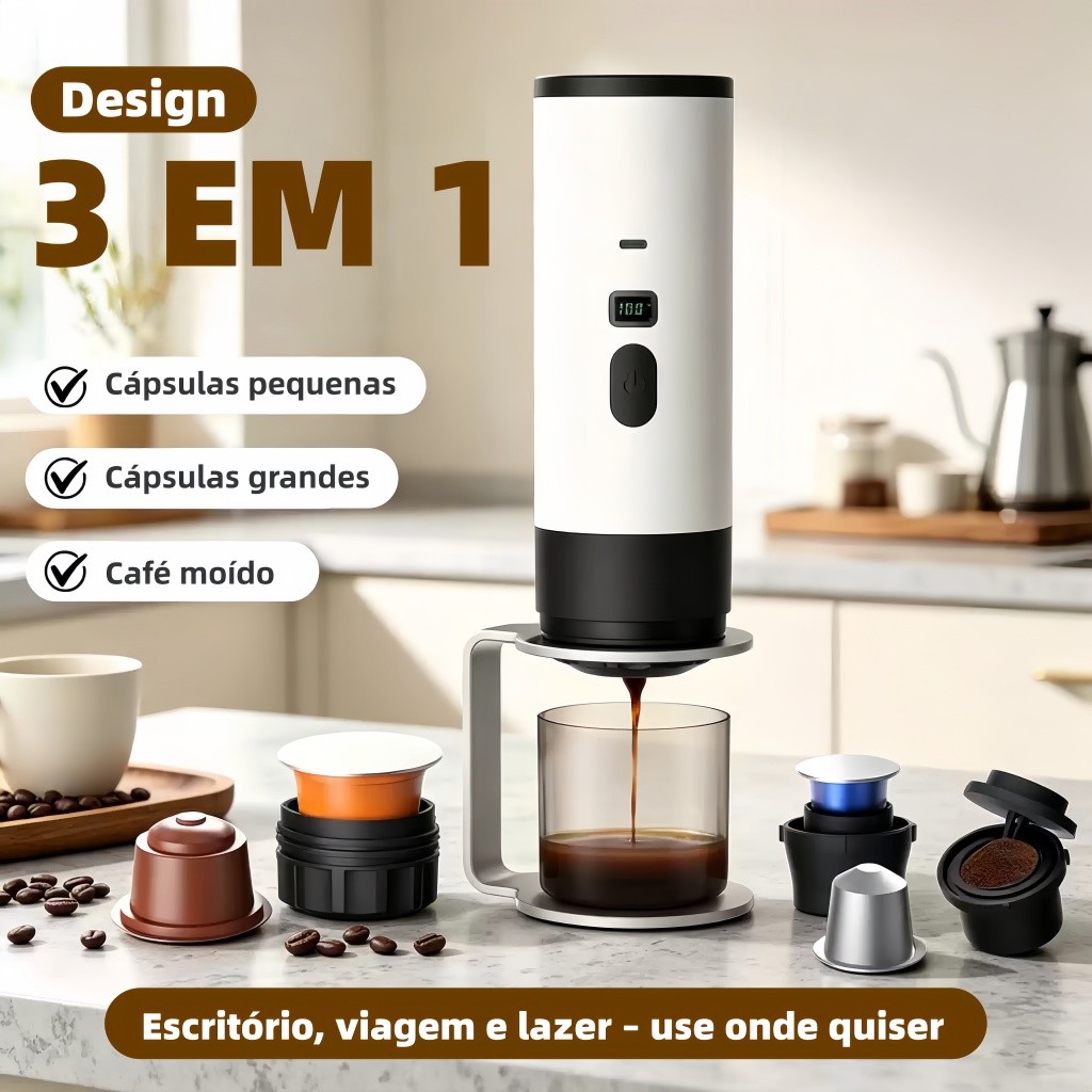 Cafeteira Portátil Expresso 3 em 1 7800mAh USB-C Tela Digital Compatível Cápsulas NS DG Café Moído