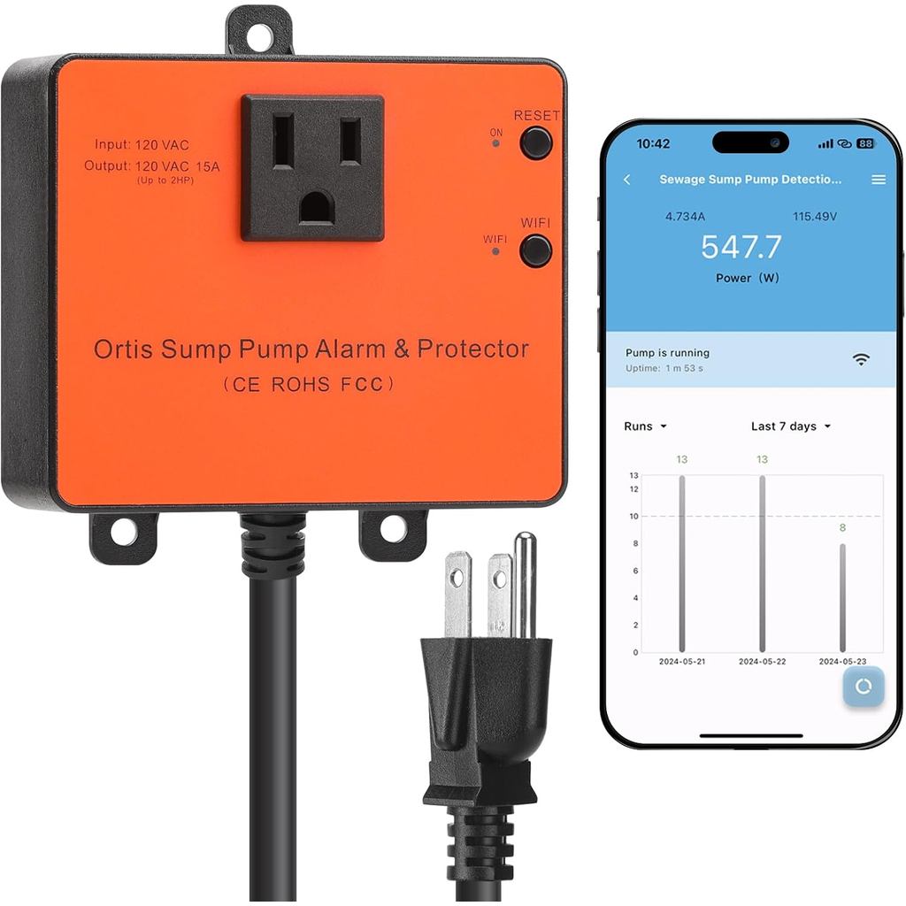 Ortis WiFi Sump Pump Monitor & Alarm, Real-Time Pump Status Monitoring, Automatic Power Cutoff & Alerts for Overload and
