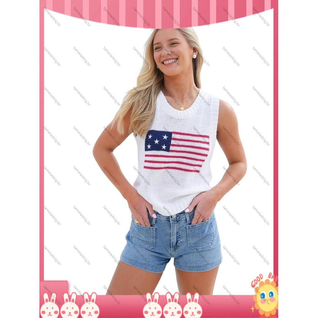 [Fast T] Suéter Feminino Sem Mangas Com Bandeira Americana , Colete De Malha – Regata Gola Redonda