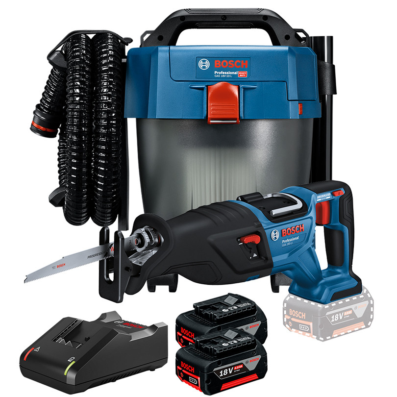 Kit Aspirador de Pó GAS 18V-10L Premium + Serra Sabre GSA 185-LI + 2 Bateria 4Ah + Carregador Rápido Bosch